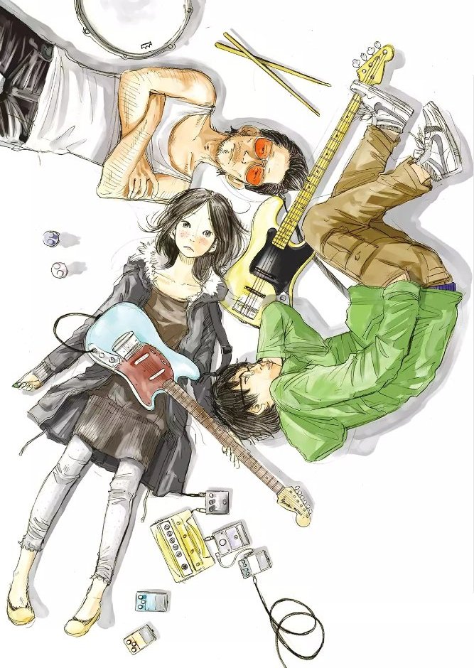 1boy, 2girls, black_eyes, black_hair, black_jacket, black_pants, brown_pants, brown_shirt, closed_mouth, crossed_arms, glasses, green_jacket, guitar, inoue_meiko, instrument, jacket, long_hair, looking_at_viewer, lying, mp3, multiple_girls, open_clothes, open_jacket, pants, ramrod, serious, shirt, shoes, short_hair, sneakers, solanin, tambourine, taneda_naruo, very_long_hair, white_pants, white_shirt, yamada_jirou_(solanin)