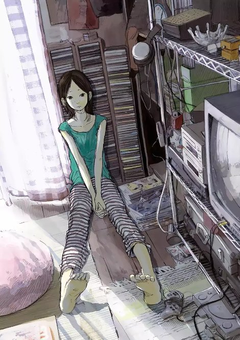 1g_no_izumi, barefoot, black_eyes, black_hair, book, chair, closed_mouth, cocking_gun, female_focus, green_shirt, headphones, inoue_meiko, long_hair, pants, serious, shirt, sitting, solanin, television, two-tone_pants, very_long_hair