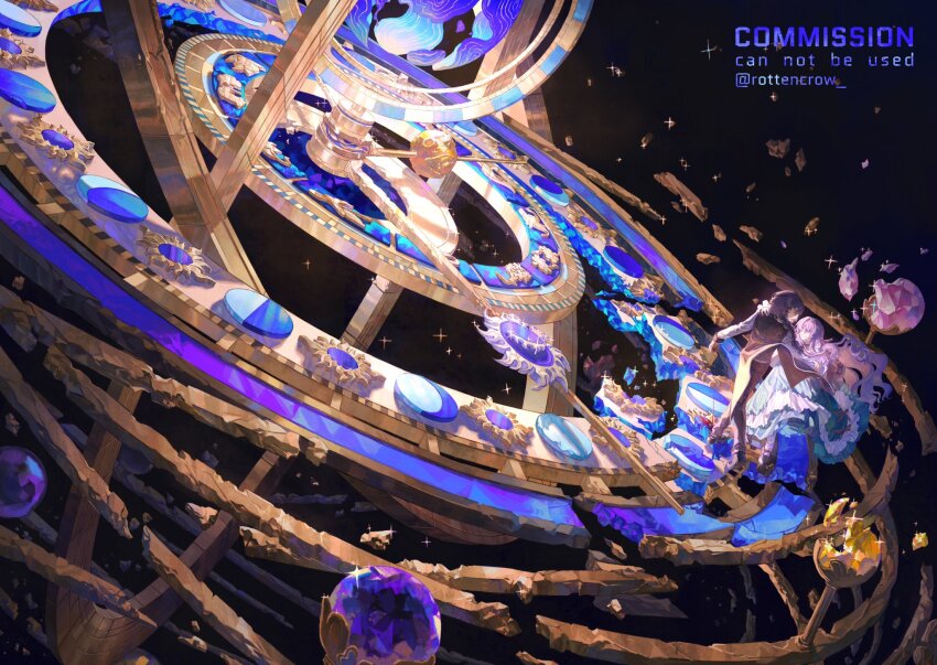 1boy, 1girl, armillary_sphere, astronomical_clock, black_cape, black_hair, blood, blood_on_hands, blue_dress, braid, cape, character_request, clock, commission, dancing, debris, destruction, dress, frilled_dress, frills, gears, gem, glass_shard, hand_on_another's_shoulder, highres, holding_another's_arm, long_hair, orbital_path, original, orrery, planetarium, purple_eyes, purple_hair, rottencrow, scenery, single_braid, smile, solar_system, space