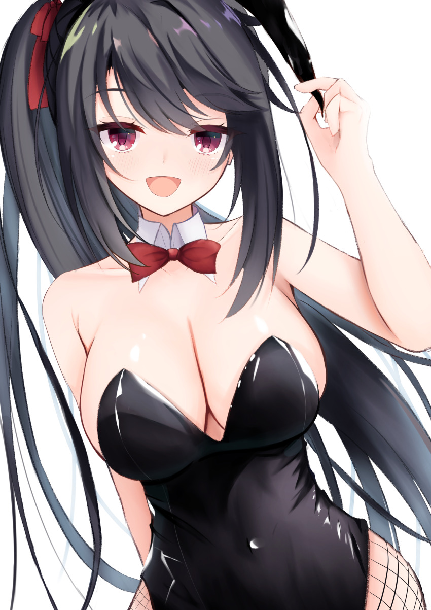 1girl, :d, absurdres, alternate_costume, animal_ears, arm_behind_back, armpit_crease, bare_arms, bare_shoulders, black_hair, black_leotard, blush, bow, bowtie, breasts, bright_pupils, cleavage, collarbone, colored_eyelashes, commentary, covered_navel, eyelashes, eyes_visible_through_hair, fake_animal_ears, fishnet_pantyhose, fishnets, hair_ribbon, hand_up, happy, highleg, highleg_leotard, highres, hoshikawa_kaguya, kiki0319i, large_breasts, leotard, long_hair, looking_at_viewer, open_mouth, pantyhose, playboy_bunny, rabbit_ears, red_bow, red_bowtie, red_eyes, red_ribbon, ribbon, shiny_skin, sidelocks, simple_background, smile, solo, straight_hair, strapless, strapless_leotard, swept_bangs, tenshi_souzou_re-boot!, tsurime, upper_body, very_long_hair, white_background, wrist_cuffs