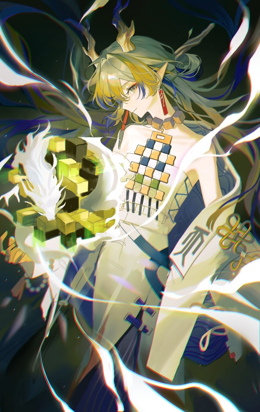 1girl, arknights, bare_shoulders, blonde_hair, chromatic_aberration, closed_mouth, dragon_girl, dragon_horns