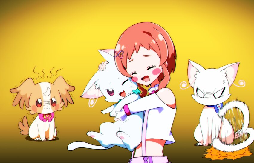 @est@, anger_vein, angry, blush, blush_stickers, brown_eyes, carrying, cat, closed_eyes, collar, commentary_request, dog, elbow_cutout, false_smile, hair_ornament, hairclip, highres, hug, inukai_iroha, inukai_komugi, inukai_komugi_(dog), jealous, midriff, neck_ribbon, nekoyashiki_mayu, nekoyashiki_mayu_(cat)_(@est@), nekoyashiki_yuki, nekoyashiki_yuki_(cat), overalls, papillon_(dog), pawpads, pink_eyes, precure, ribbon, short_hair, simple_background, smile, tail_slapping, trembling, white_fur, wonderful_precure!