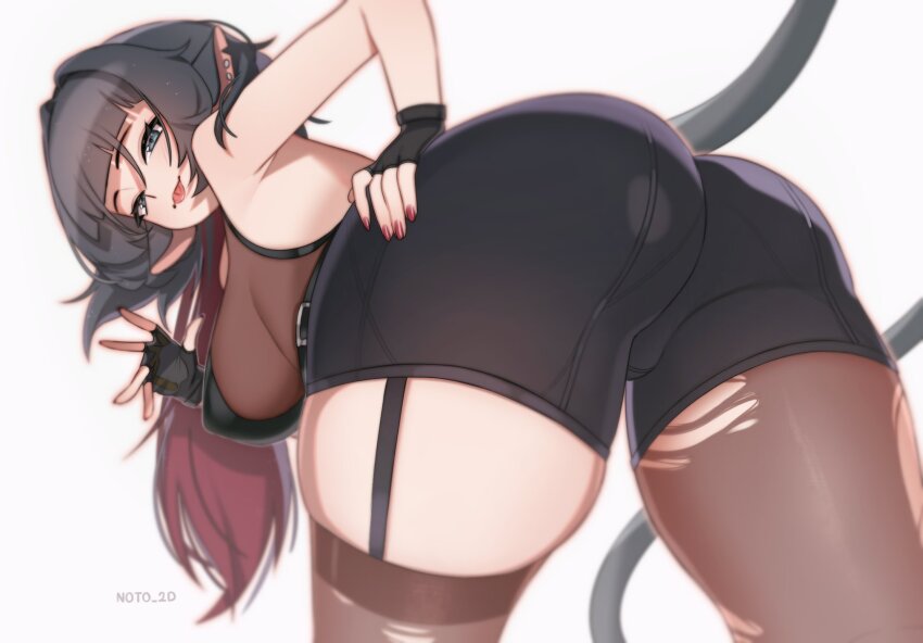 1girl, ass, ass_focus, black_gloves, black_hair, black_pantyhose, blunt_bangs, breasts, commentary, cowboy_shot, english_commentary, fingerless_gloves, fingernails, gloves, hand_on_own_hip, highres, jane_doe_(zenless_zone_zero), large_breasts, long_hair, looking_at_viewer, looking_back, multicolored_hair, nail_polish, noto_hams, pantyhose, red_hair, red_nails, simple_background, smile, solo, tail, thighs, two-tone_hair, white_background, zenless_zone_zero