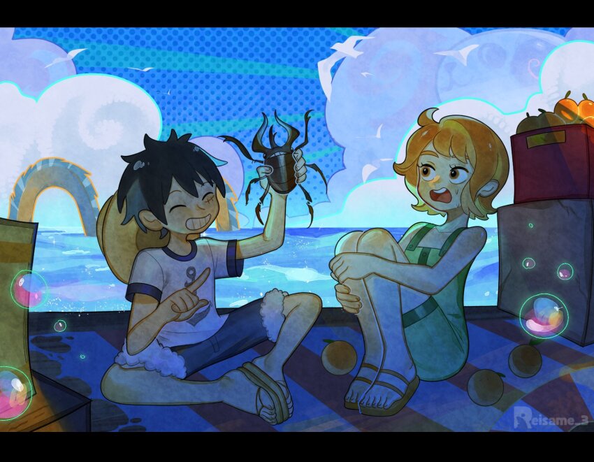 1boy, 1girl, aged_down, animal, bare_shoulders, beetle, black_hair, blue_shorts