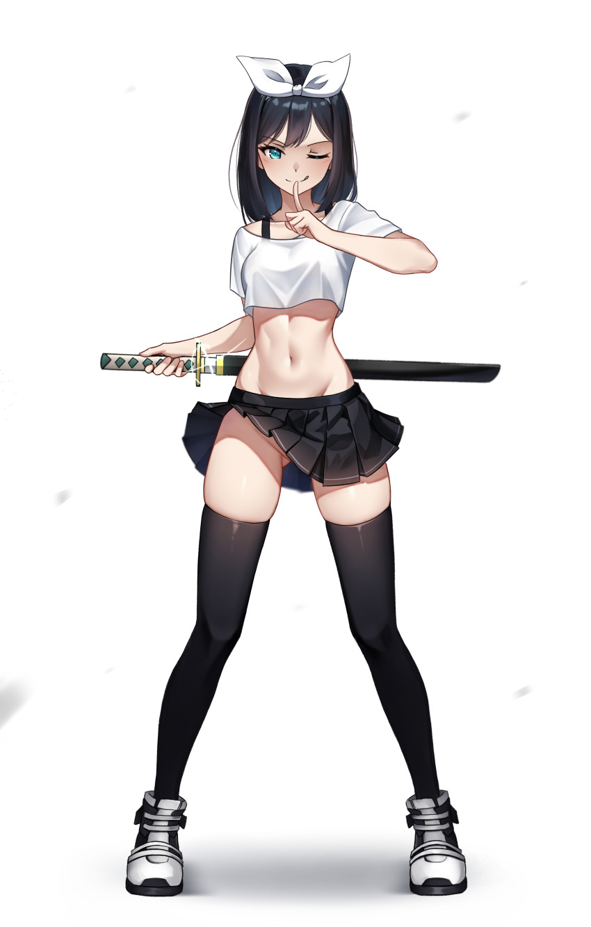 1girl, ;), absurdres, black_hair, black_skirt, black_thighhighs, bow, bow_hairband, bra_strap, breasts, cropped_shirt, double-parted_bangs, finger_to_mouth, full_body, green_eyes, hair_between_eyes, hairband, highres, holding, holding_behind_back, holding_sword, holding_sword_behind_back, holding_weapon, holding_weapon_behind_back, kurumi_(zero0ex), legs, looking_at_viewer, medium_breasts, midriff, miniskirt, navel, no_panties, one_eye_closed, original, pleated_skirt, shirt, shoes, short_hair, short_sleeves, simple_background, skirt, smile, solo, standing, sword, thighhighs, thighs, weapon, white_background, white_bow, white_hairband, white_shirt, wink, zero0ex