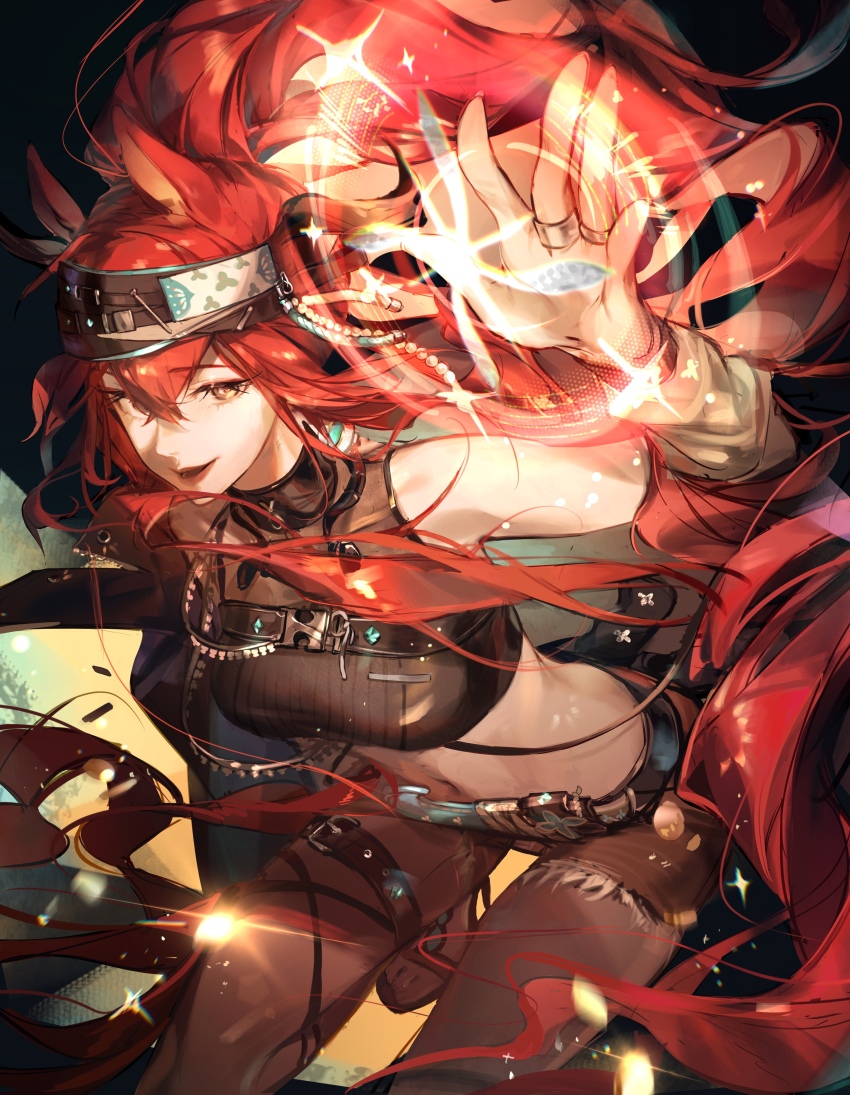 1girl, absurdres, animal_ears, arknights, arm_up, bare_shoulders, belt, belt_buckle, black_belt, black_shirt, brown_shorts, buckle, chinese_commentary, commentary_request, crop_top, cropped_shirt, eis_ke_guazi, grey_pantyhose, hair_between_eyes, highres, jewelry, light_particles, long_hair, magic, narantuya_(arknights), navel, pantyhose, red_hair, ring, shirt, shorts, sleeveless, sleeveless_shirt, solo, thigh_belt, thigh_strap, very_long_hair, yellow_eyes