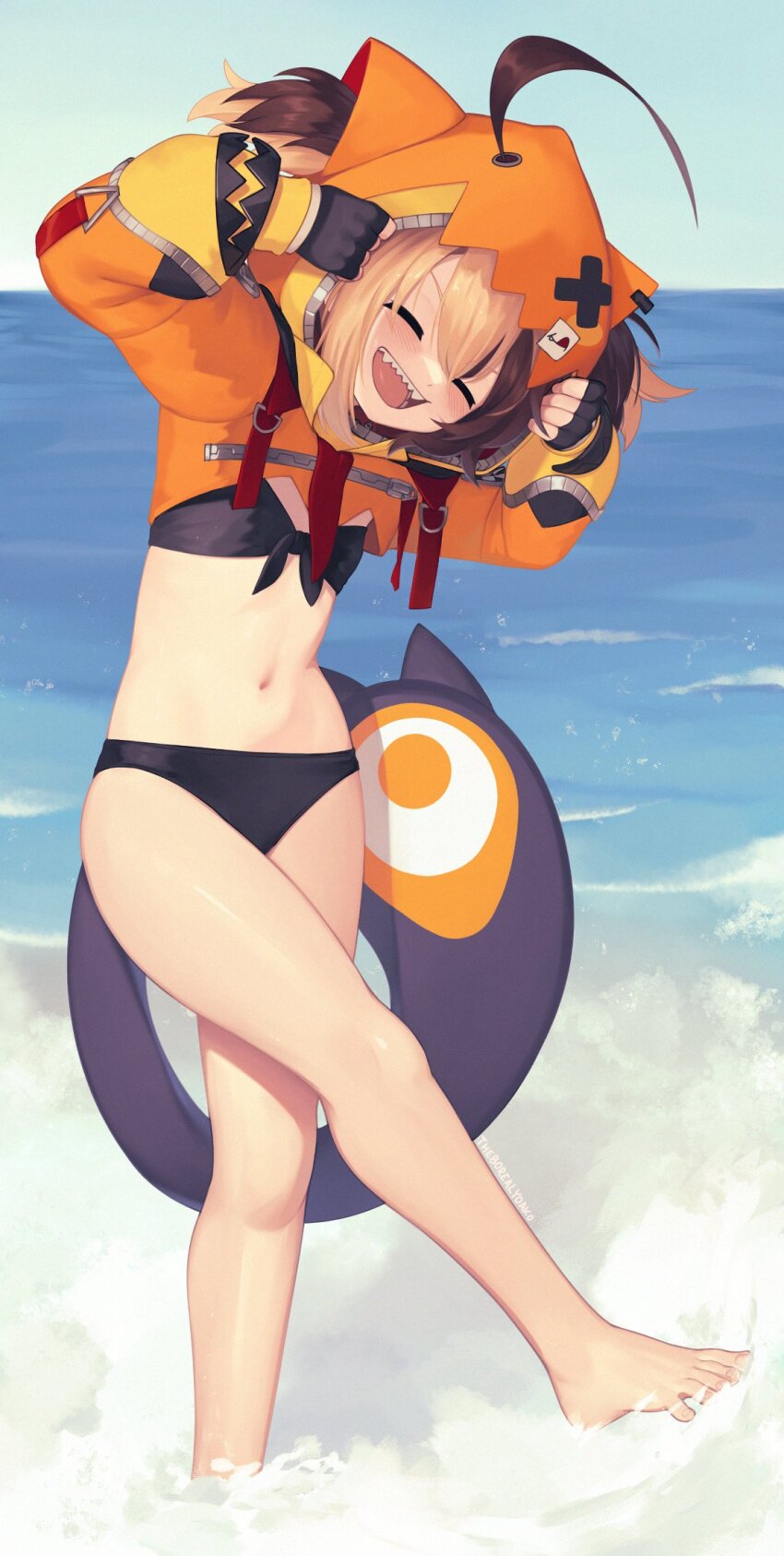 1girl, :d, ahoge, animal_ear_hood, animal_ears, artist_name, bare_legs, barefoot