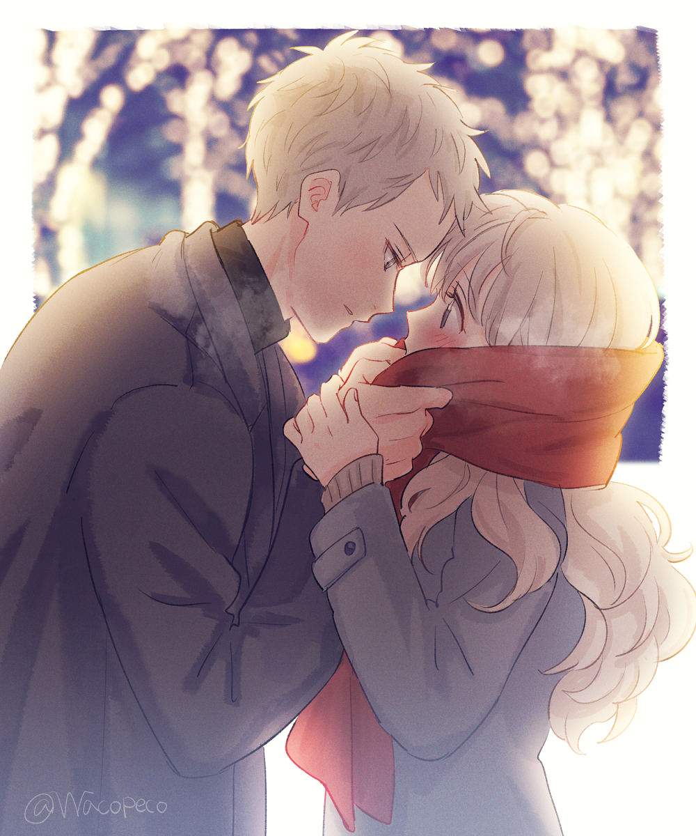 1boy, 1girl, black_coat, blue_coat, blush, breath, coat, cold