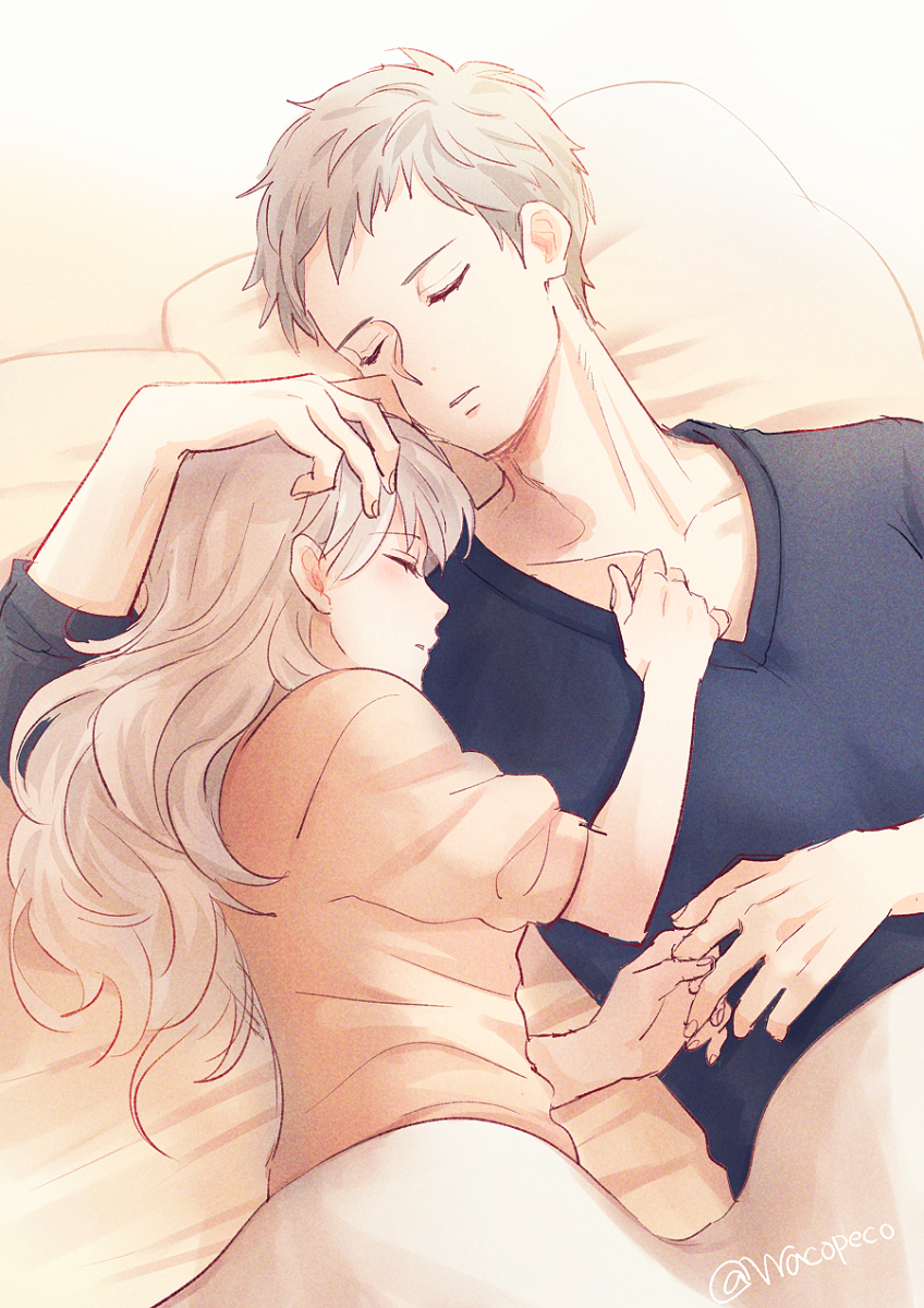 1boy, 1girl, blanket, blue_shirt, blush, closed_eyes, couple, fuyusaka_iori