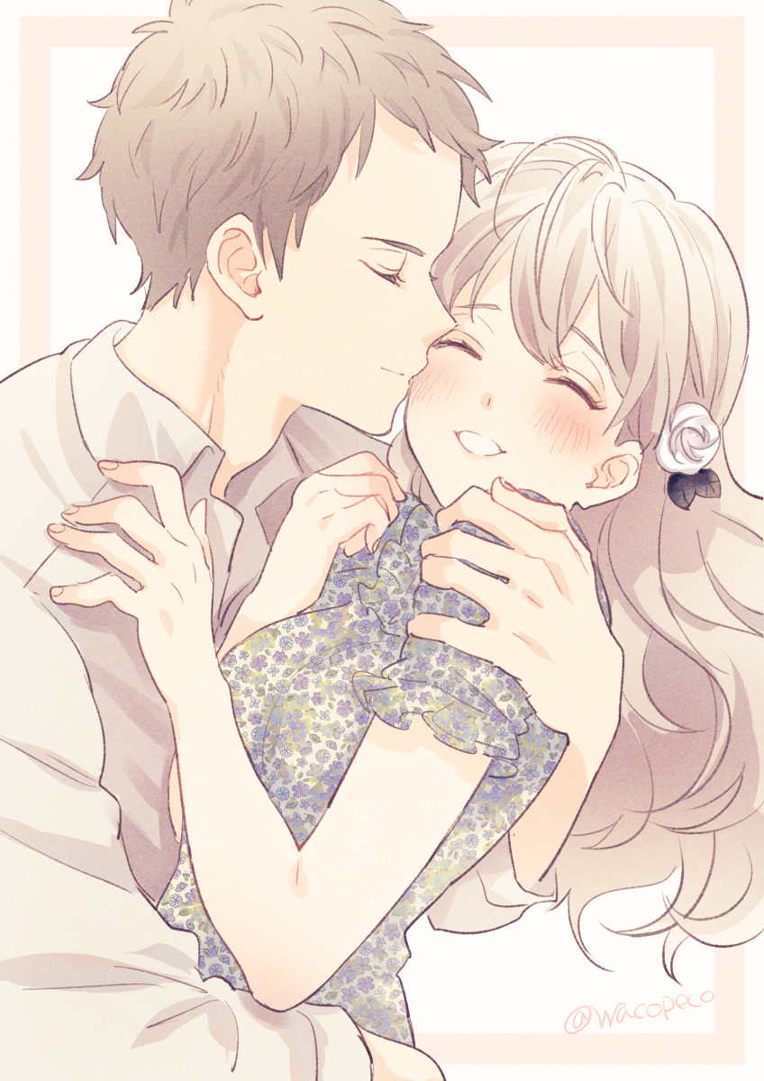 1boy, 1girl, blush, closed_eyes, couple, dress, floral_print, floral_print_dress