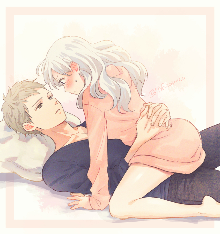 1boy, 1girl, arms_around_another's_waist, black_pants, blue_shirt, blush, couple, eye_contact