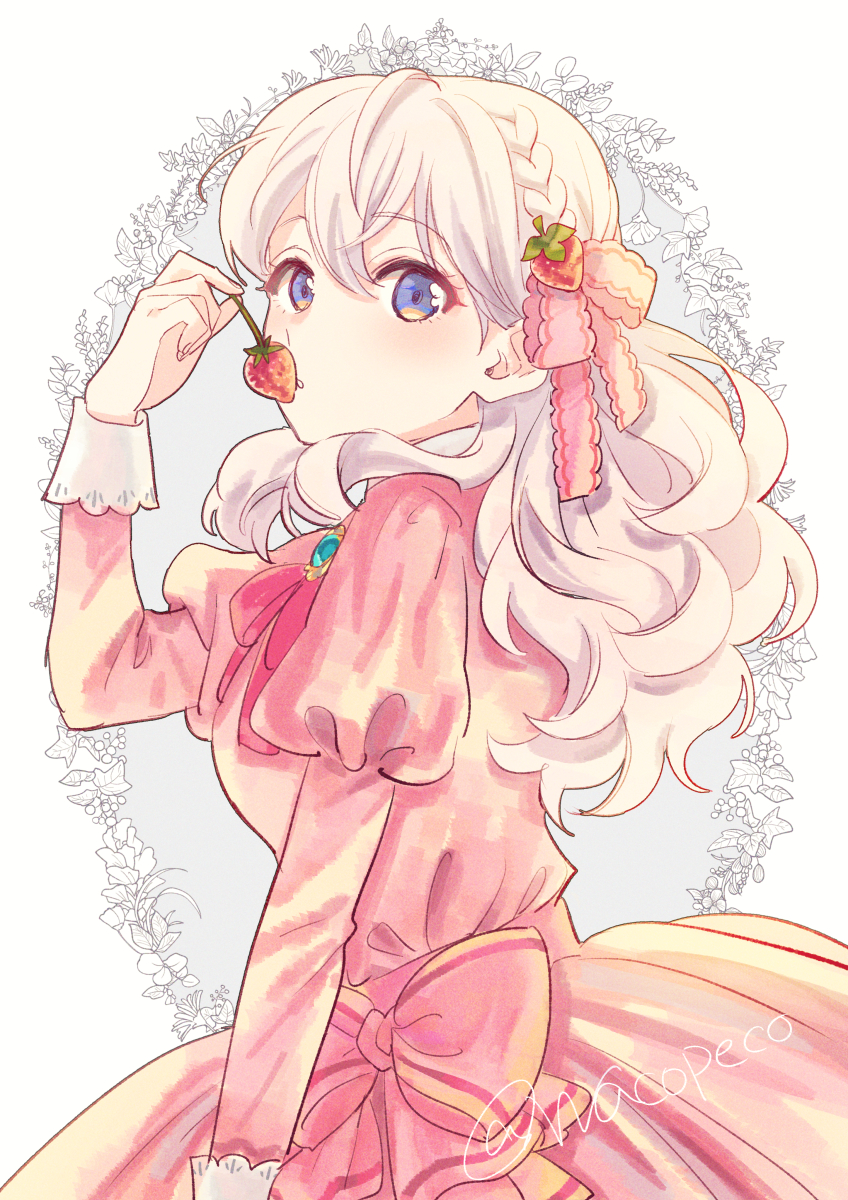 1girl, blue_eyes, bow, braid, chest_jewel, dress, food, fruit