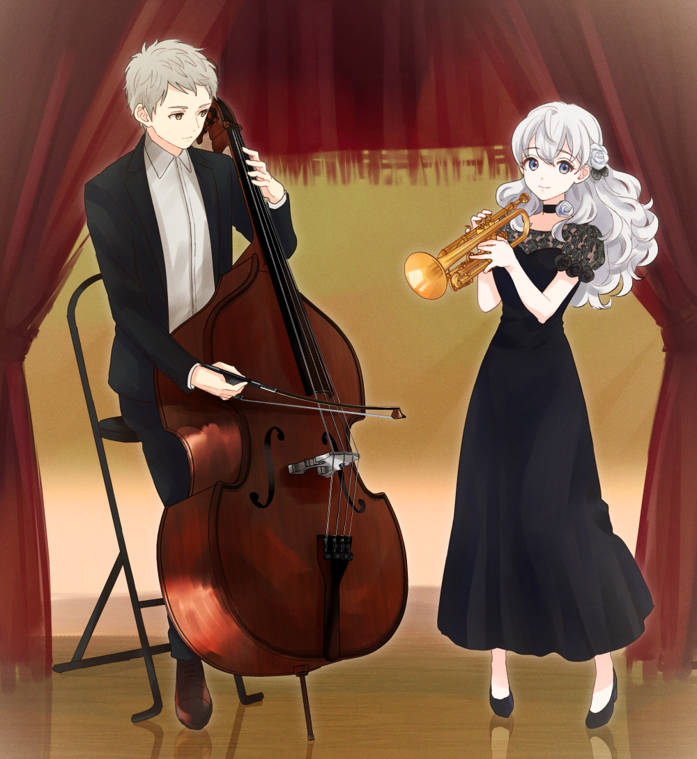 1boy, 1girl, black_dress, black_suit, bow_(music), curtains, double_bass, dress