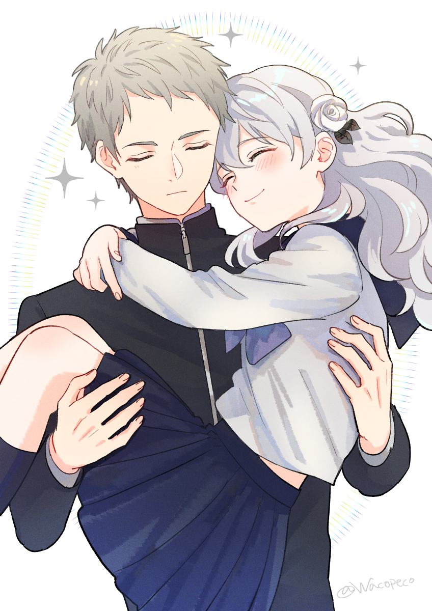 1boy, 1girl, black_jacket, black_sailor_collar, black_skirt, blush, carrying, carrying_person