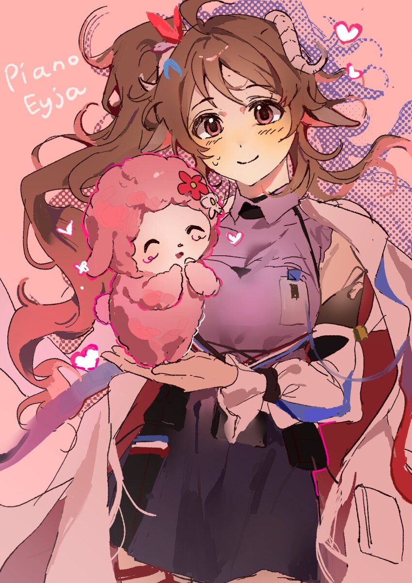 1girl, aehobakjeon, arknights, black_skirt, blush, brown_hair, coat, coat_on_shoulders