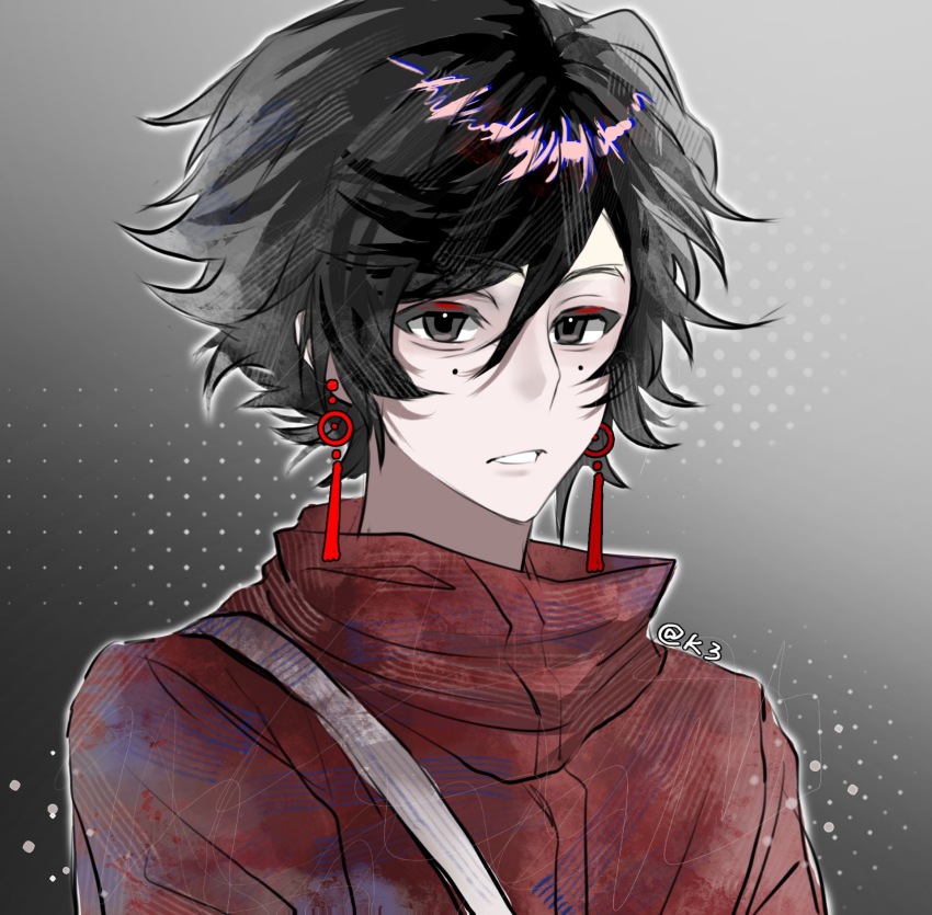 1boy, black_eyes, black_hair, chinese_commentary, commentary_request, earrings, grey_background, hair_between_eyes