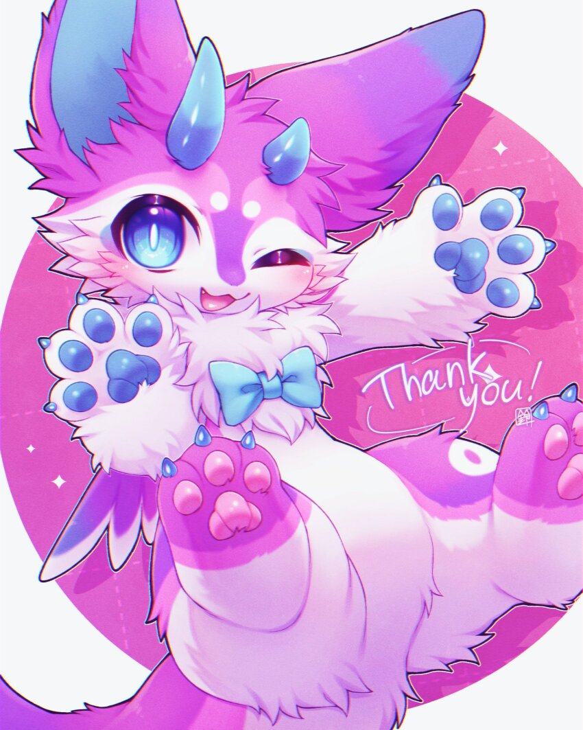 0suzu_illust, 1other, ;3, androgynous, asymmetrical_horns, blue_bow, blue_horns, border, borrowed_character, bow, bright_pupils, chest_bow, chibikemo, chromatic_aberration, close-up, commission, deformed, digitigrade, drop_shadow, fang, featureless_crotch, fennec_fox, fewer_digits, film_grain, floating, foot_out_of_frame, furry, hands_up, happy, highres, horns, knees_up, large_ears, light_blush, mini_wings, neck_fur, nostrils, nude, one_eye_closed, open_hands, open_mouth, original, other_focus, outline, outside_border, outstretched_arm, pink_background, pink_fur, pink_tail, purple_wings, round_border, short_eyebrows, sideways_glance, signature, skeb_commission, solo, spread_legs, thank_you, two-tone_fur, two-tone_tail, waving, white_border, white_fur, white_outline, white_pupils, white_tail, wings