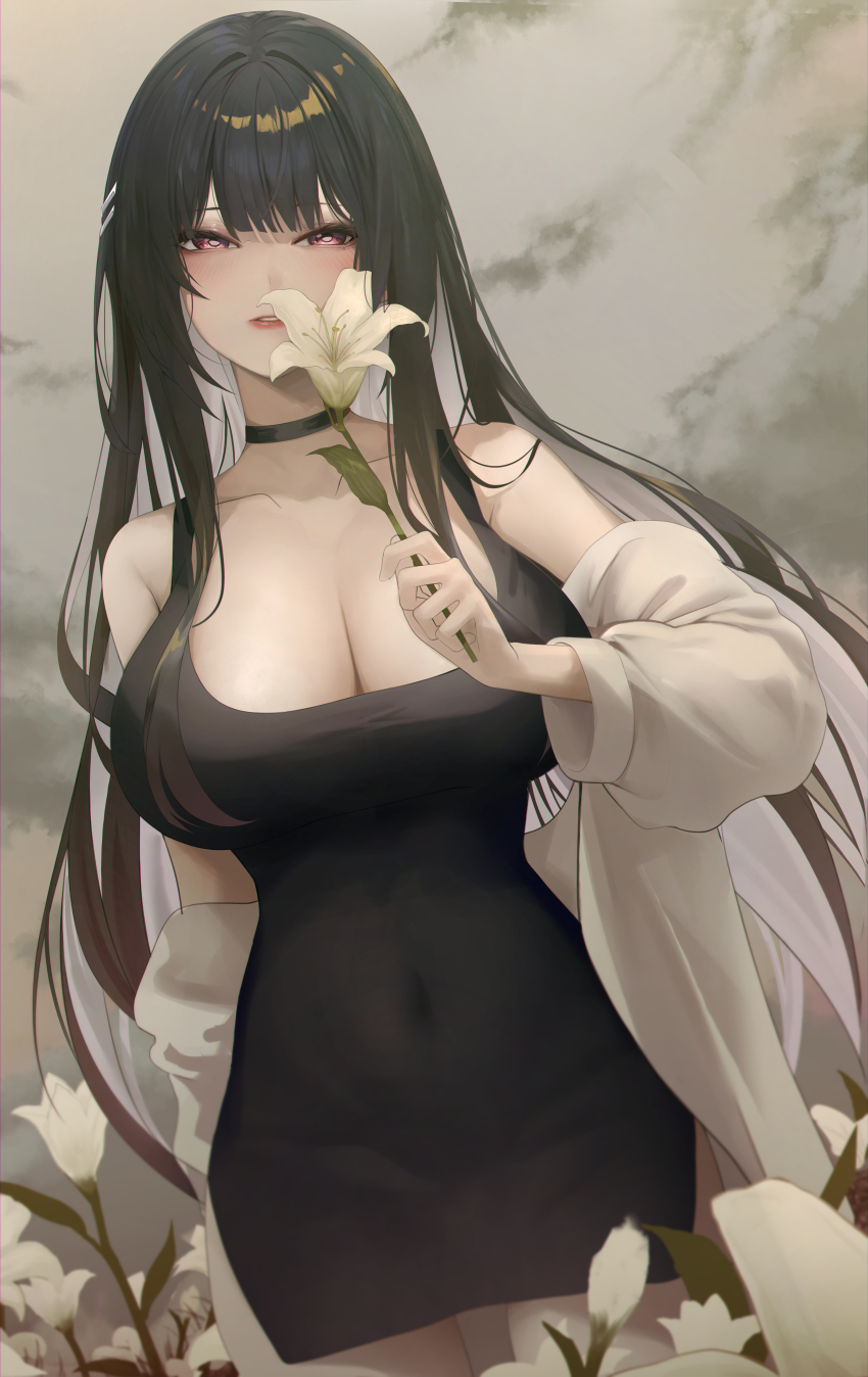 1girl, absurdres, arm_behind_back, bare_shoulders, black_choker, black_dress, black_hair, blunt_bangs