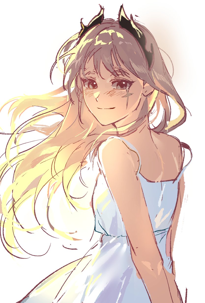 1girl, aehobakjeon, arknights, bare_legs, blush, closed_mouth, dress, floating_hair