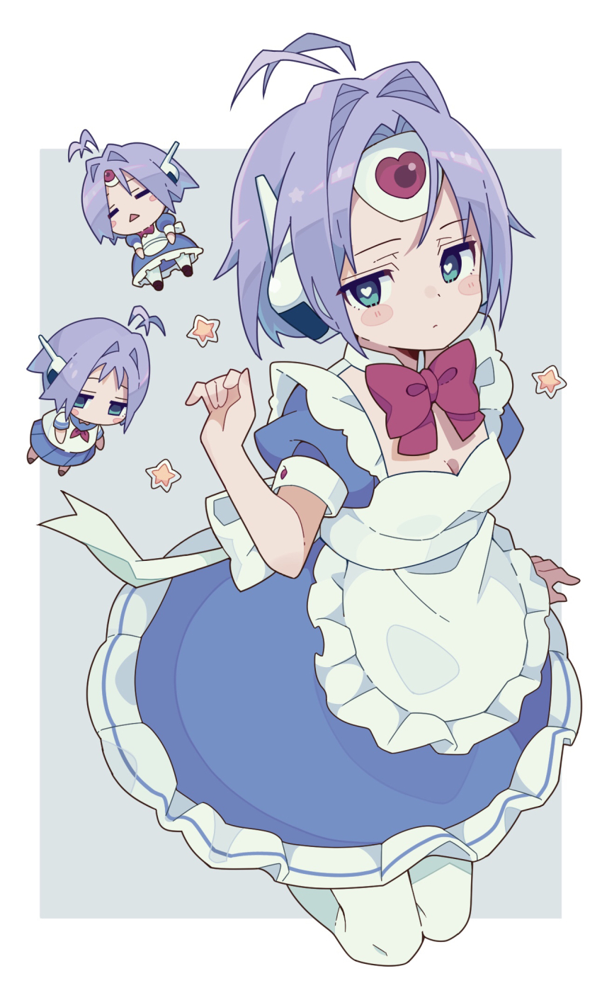 1girl, android, antenna_hair, apron, aqua_eyes, blue_dress, blue_sailor_collar, blue_skirt