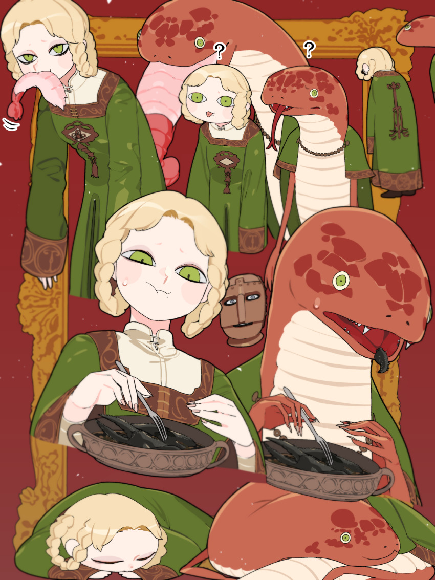 <|>_<|>, 1girl, ?, blonde_hair, blush, braid, braided_hair_rings, character_request, commentary_request, dress, eating, elden_ring, fork, forked_tongue, green_dress, green_eyes, hair_rings, highres, holding, holding_fork, hunched_over, idkuroi, mouth_hold, multiple_views, open_mouth, reptile_girl, rya_(elden_ring), shrimp, sleeping, tongue, tongue_out, zorayas