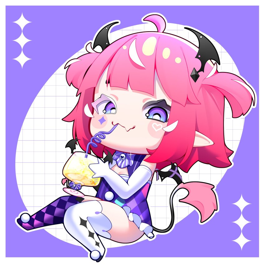 1girl, absurdres, artist_request, bat_wings, camila_(vtuber), chibi, drinking_straw, drinking_straw_in_mouth