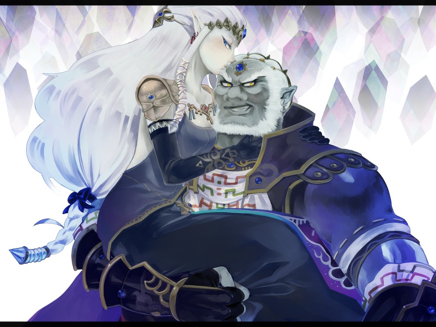 1boy, 1girl, alternate_color, armor, blue_eyes, bone_(stare), carrying, dark_persona