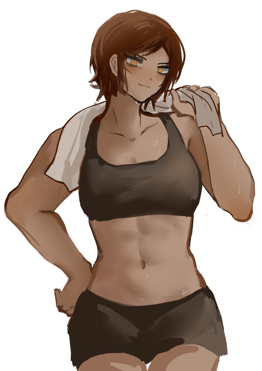 1girl, absurdres, bare_arms, black_shorts, brown_eyes, brown_hair, cowboy_shot, dark-skinned_female, dark_skin, highres, holding, holding_towel, limbus_company, looking_at_viewer, outis_(project_moon), project_moon, qiujia, short_hair, shorts, simple_background, solo, sports_bra, towel, white_background