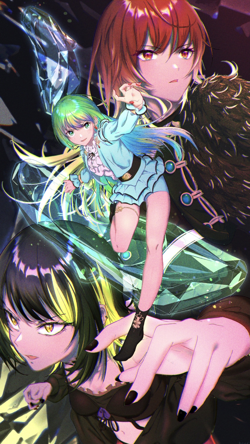 3girls, absurdres, aketa_mikoto, bandeau, belt, black_background, black_bandeau, black_belt