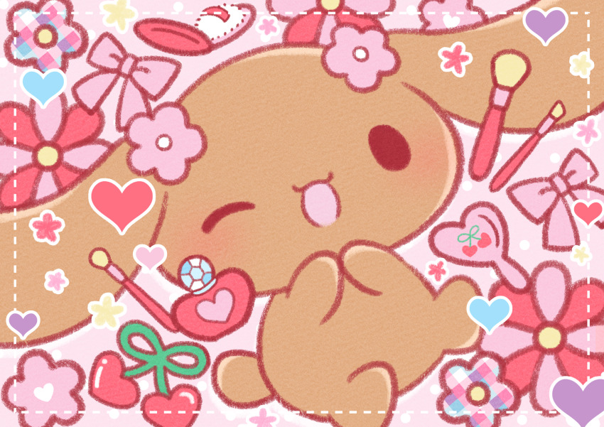 1girl, animal_ears, blush, border, bow, cherry, chibi, chibi_only