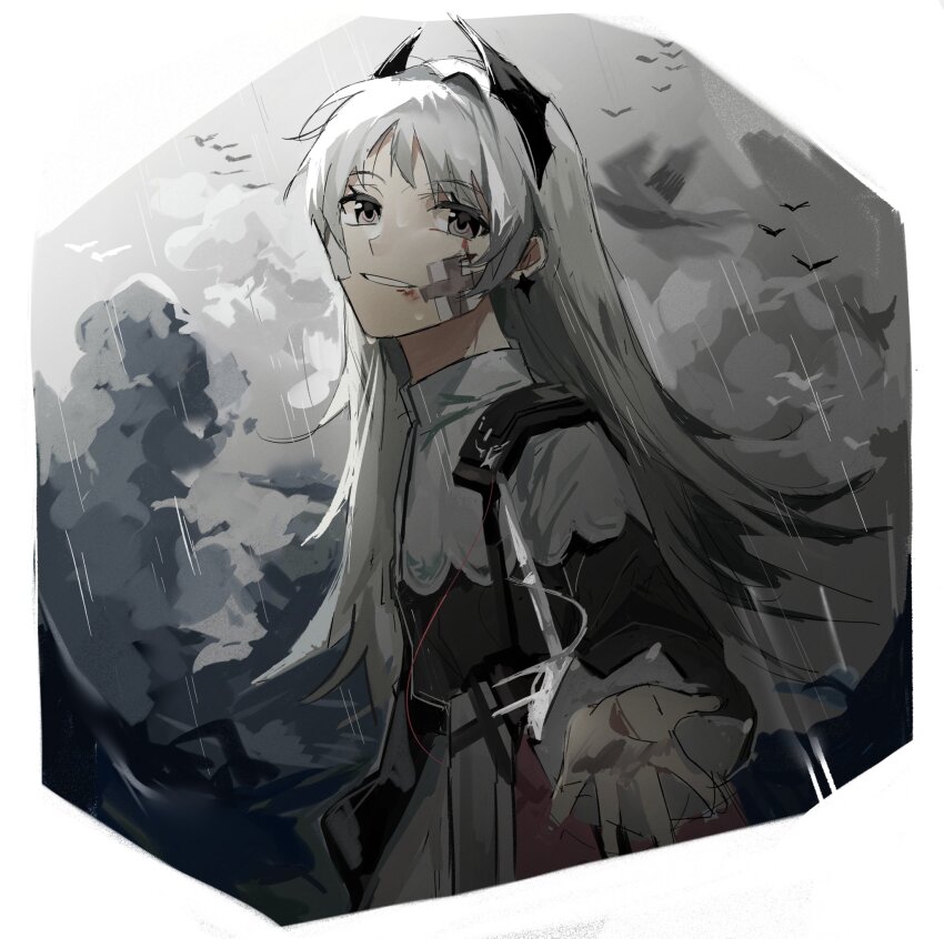 1girl, aehobakjeon, arknights, bird, black_jacket, cloud, gauze, gauze_on_cheek