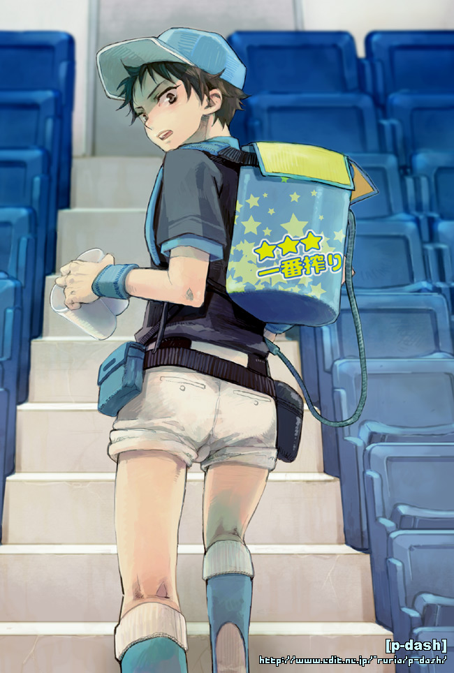 1boy, ass, ass_focus, baseball_cap, black_hair, brown_eyes, from_behind, hat, kanou_shuugo, looking_back, male_focus, miyuki_ruria, ookiku_furikabutte, ruria, shorts, solo, stairs