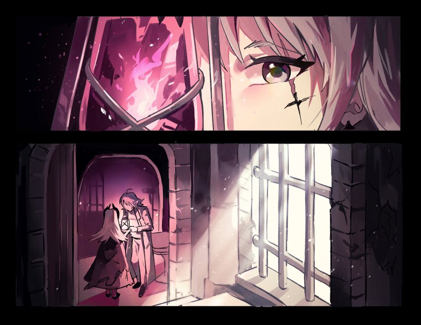 1boy, 1girl, absurdres, aehobakjeon, ahoge, arknights, bars, black_cape