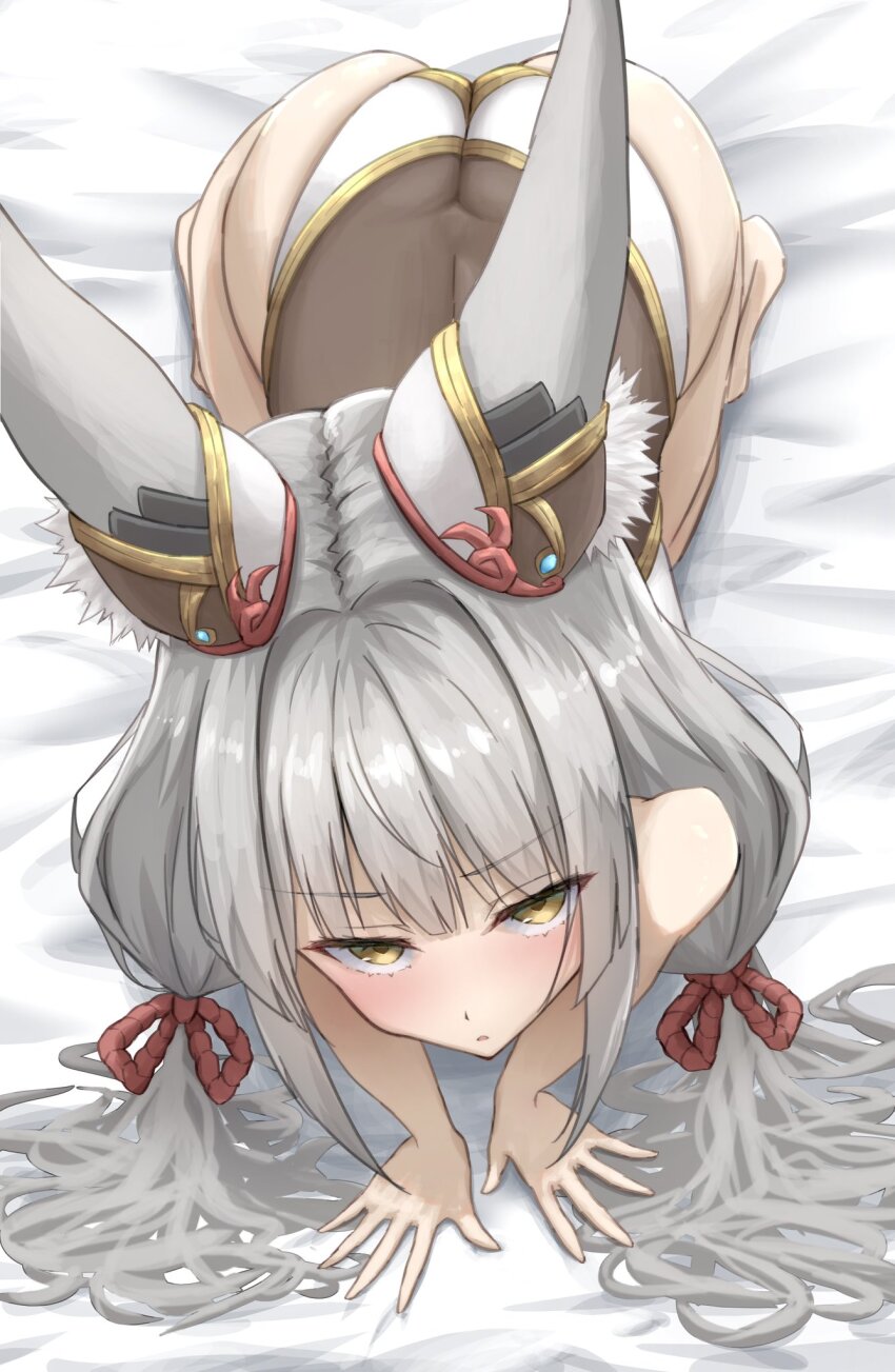 1girl, all_fours, animal_ears, ass, bare_shoulders, barefoot, blush, from_above