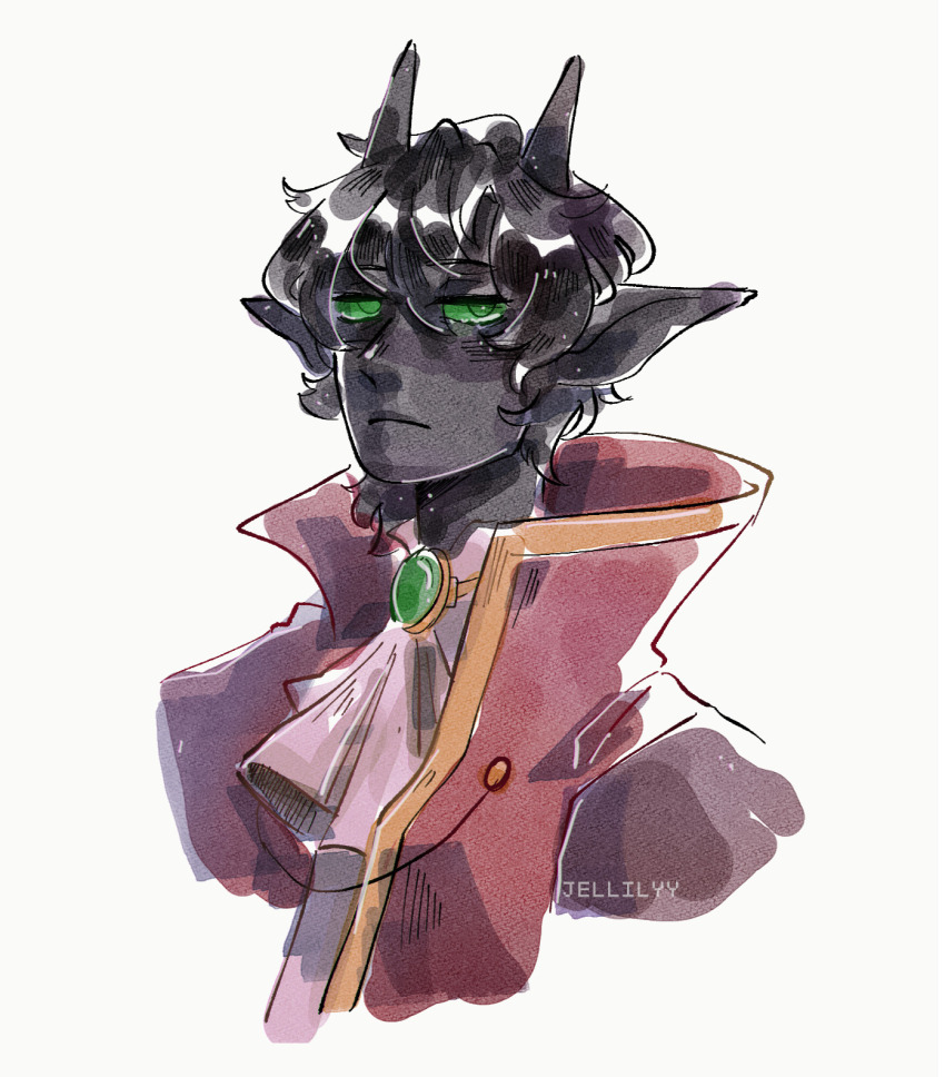 1boy, ascot, black_hair, black_skin, closed_mouth, coat, colored_skin, commentary, dream_smp, english_commentary, gem, green_eyes, highres, horns, jellilyy, jitome, looking_at_viewer, male_focus, minecraft_youtube, monster_boy, pointy_ears, ran_(tales_from_the_smp), short_hair, simple_background, sketch, solo, tales_from_the_smp, upper_body, white_background