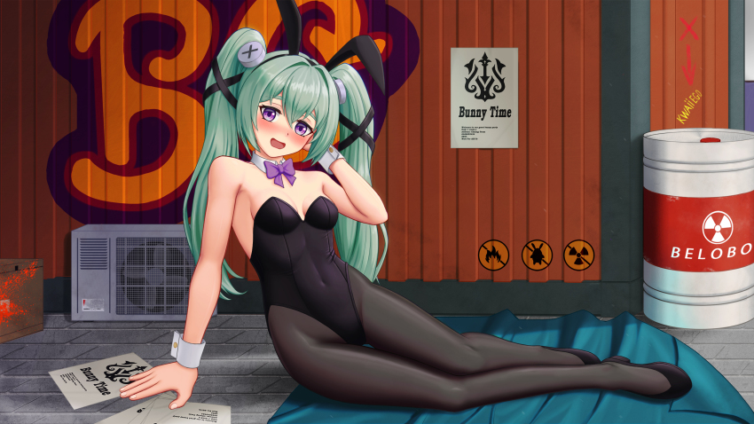 1girl, absurdres, alternate_costume, animal_ears, arm_support, bare_shoulders, black_footwear, black_leotard, black_pantyhose, bow, bowtie, breasts, cleavage, commentary, condenser_unit, corin_wickes, covered_navel, detached_collar, drum_(container), fake_animal_ears, fingernails, flammable_symbol, full_body, green_hair, hair_between_eyes, hair_intakes, highleg, highleg_leotard, highres, kwaiiego, leotard, loli, long_hair, no_symbol, on_ground, open_mouth, outdoors, pantyhose, paper, pavement, playboy_bunny, purple_bow, purple_bowtie, purple_eyes, rabbit_ears, radiation_symbol, screw_hair_ornament, shipping_container, small_breasts, solo, strapless, strapless_leotard, twintails, wrist_cuffs, zenless_zone_zero