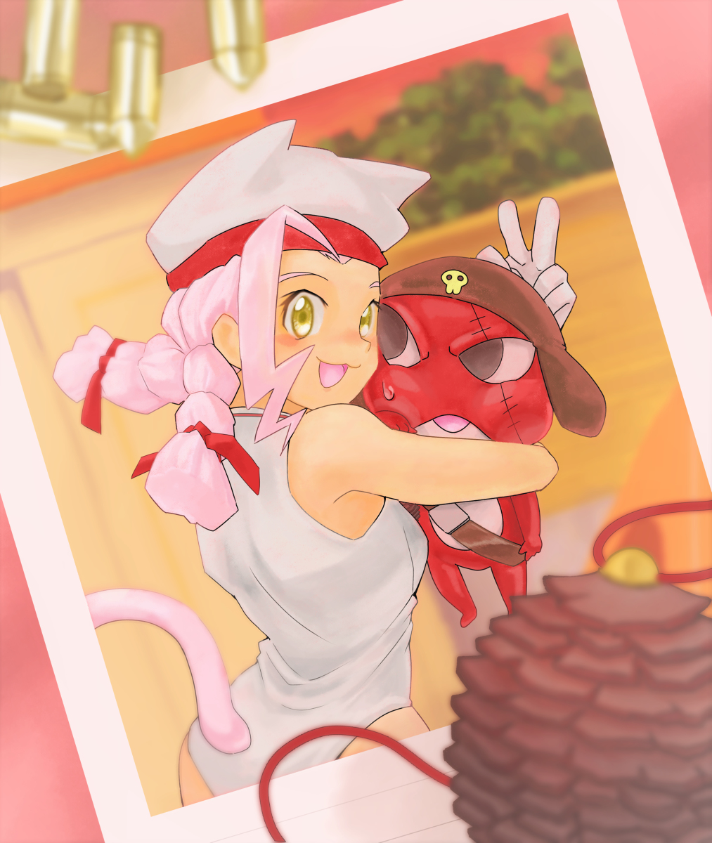 1boy, 1girl, alien, belt, black_eyes, bullet, cat_tail, giroro