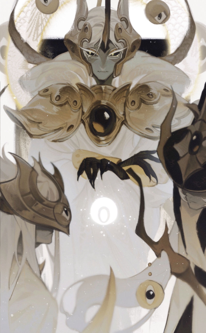 3others, absurdres, arm_guards, armor, black_gloves, black_hat, black_sclera, blurry, bright_pupils, brown_horns, closed_mouth, colored_eyelashes, colored_sclera, colored_skin, cookie_run, cookie_run:_ovenbreak, crossed_wrists, depth_of_field, fang, fingernails, floating, gloves, gold_headwear, grey_skin, hand_on_own_knee, hat, highres, horns, humanization, la_bo_chu_shi, light_particles, long_eyelashes, longan_dragon_cookie, looking_to_the_side, monsterification, multiple_others, other_focus, painterly, pauldrons, robe, sharp_fingernails, shawl, shoulder_armor, sideways_glance, sitting, skin_fang, solo_focus, spot_color, unicorn_horn, white_eyelashes, white_hair, white_pupils, white_robe, white_shawl