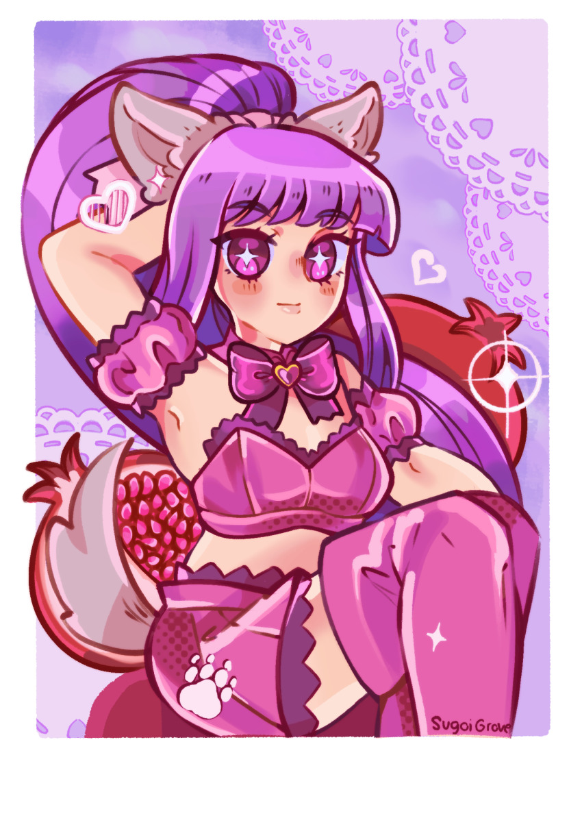 1girl, animal_ears, arm_up, bare_shoulders, boots, bow, breasts, choker, commentary, detached_sleeves, english_commentary, food, frilled_thigh_strap, fruit, fujiwara_zakuro, heart, highres, long_hair, magical_girl, mew_zakuro, midriff, navel, pomegranate, ponytail, puffy_detached_sleeves, puffy_sleeves, purple_choker, purple_eyes, purple_hair, purple_theme, sitting, skirt, solo, strapless, sugoigrove, tail, thigh_boots, thigh_strap, tokyo_mew_mew, very_long_hair, wolf_ears, wolf_tail