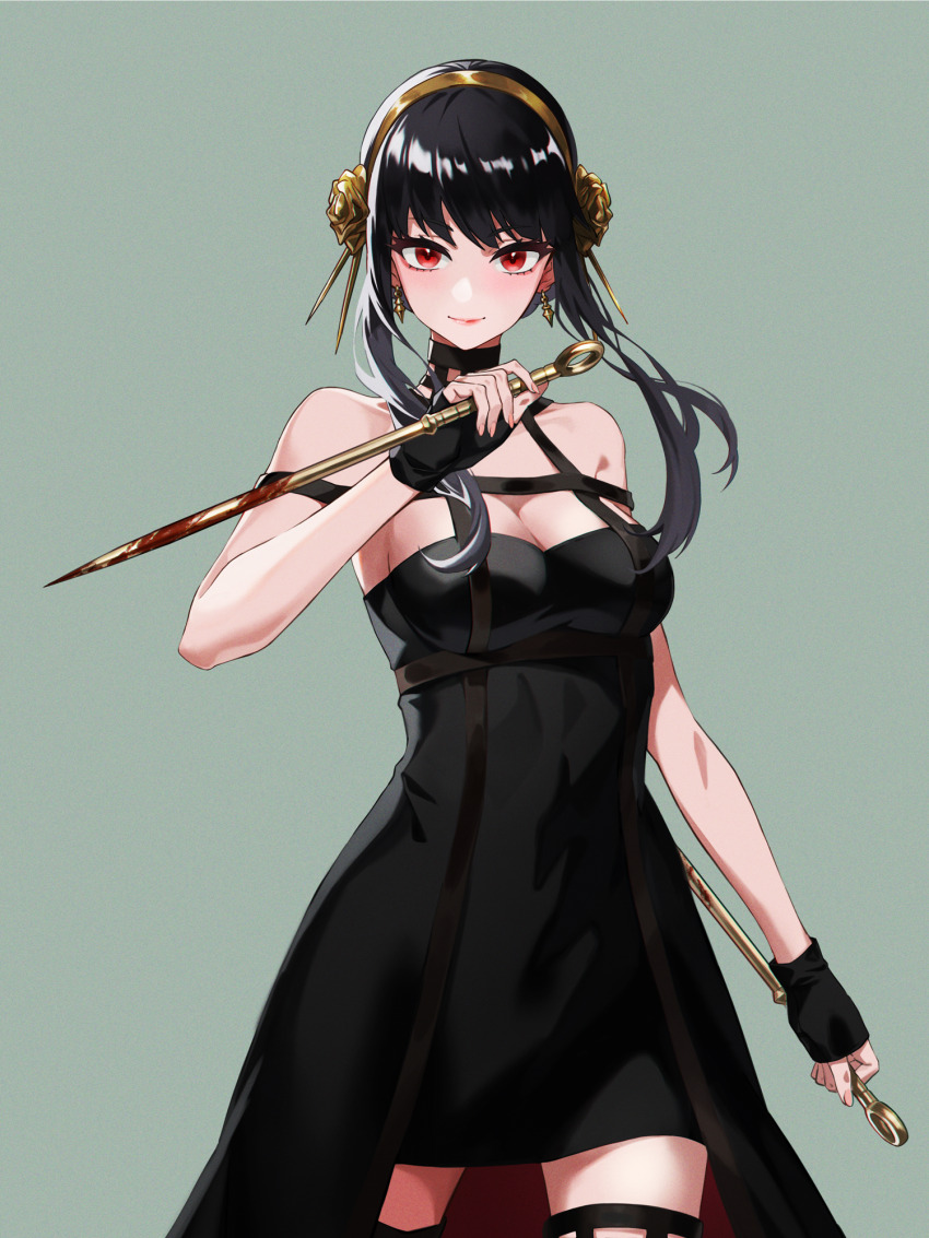 1girl, black_dress, black_hair, blood, breasts, cowboy_shot, dress, fingerless_gloves