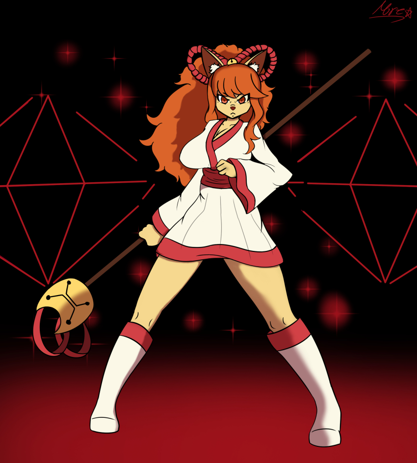 1girl, animal_ears, black_background, boots, breasts, ceroba, colored_skin, commentary