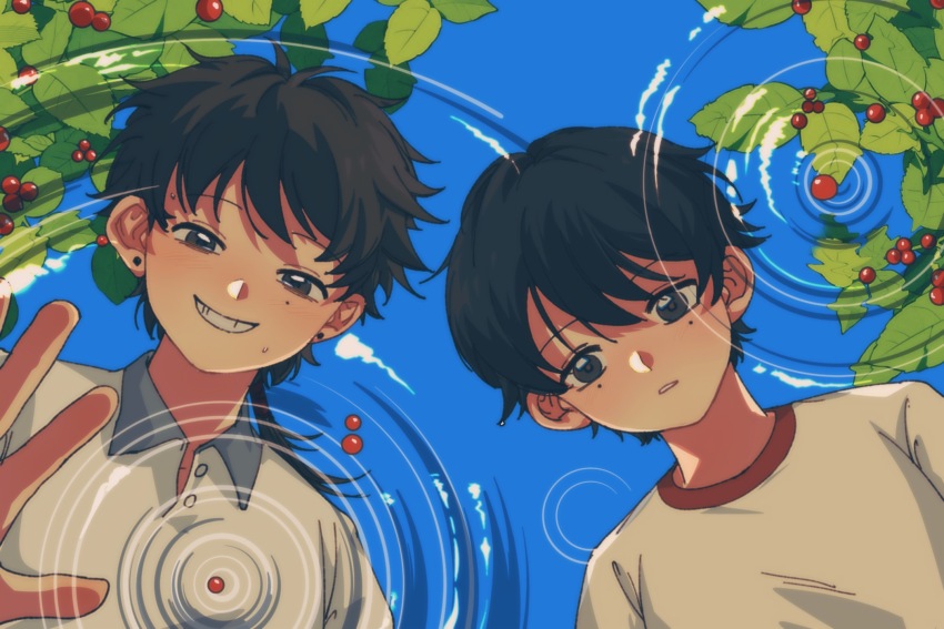2boys, black_hair, chinese_commentary, collared_shirt, commentary_request, cranberry, earrings, grin, hair_between_eyes, highres, jewelry, karaiii, li_yuting_(male), male_focus, mole, mole_under_each_eye, mole_under_eye, multiple_boys, multiple_moles, ripples, shirt, short_hair, smile, stud_earrings, sweat, touqi_guaitan, white_shirt, ziche_fuzhao