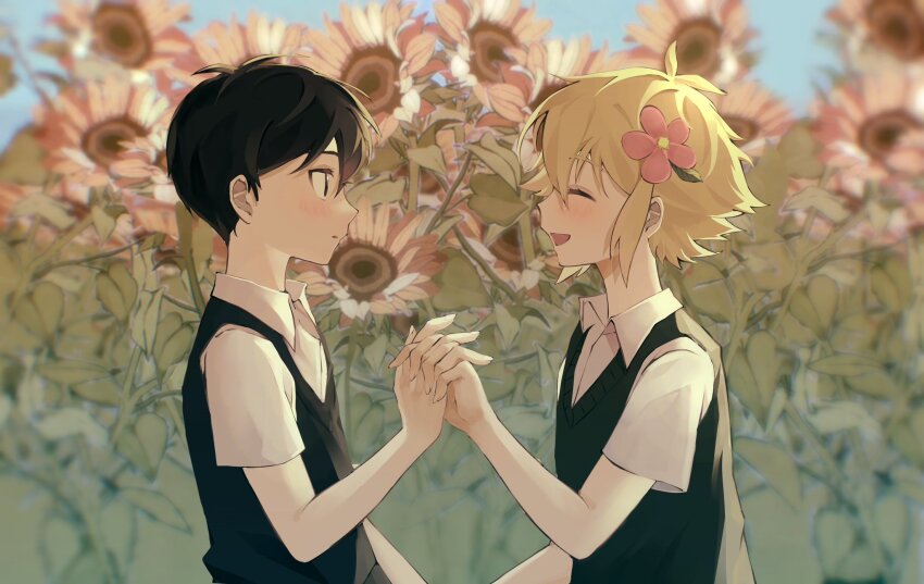 2boys, basil_(faraway)_(omori), basil_(omori), black_eyes, black_hair, black_sweater_vest, blonde_hair, blush