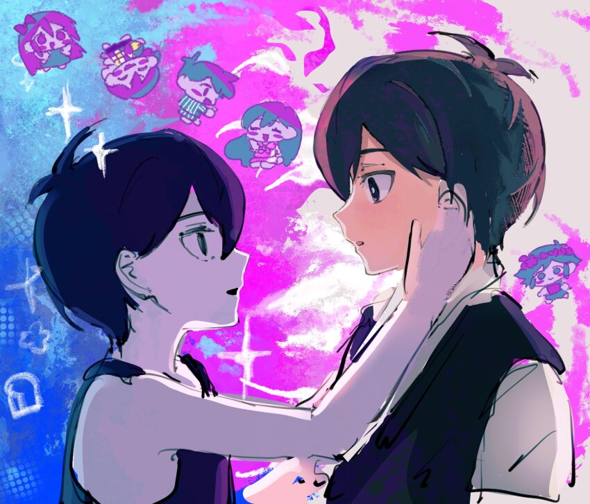 2girls, 5boys, aubrey_(headspace)_(omori), aubrey_(omori), basil_(headspace)_(omori), basil_(omori), black_eyes, black_hair, black_sweater_vest, black_tank_top, collared_shirt, colored_skin, green_eyes, green_hair, hand_on_another's_face, hero_(headspace)_(omori), hero_(omori), highres, kel_(headspace)_(omori), kel_(omori), long_hair, looking_at_another, male_focus, mari_(headspace)_(omori), mari_(omori), multiple_boys, multiple_girls, o3o2sao, omori, omori_(omori), open_mouth, par, purple_eyes, purple_hair, shirt, short_hair, short_sleeves, sketch, sunny_(omori), sweater_vest, tank_top, white_shirt, white_skin