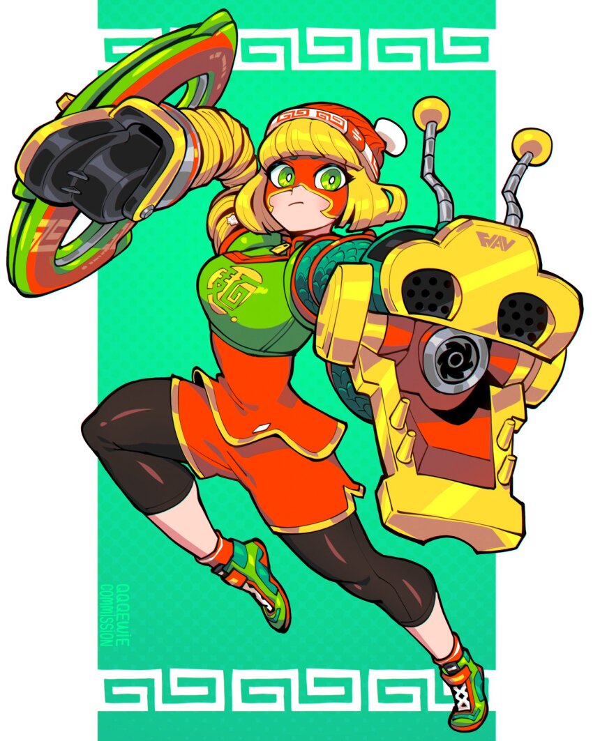 1girl, armor, arms_(game), artist_name, beanie, blonde_hair, blunt_bangs, border, bright_pupils, capri_pants, chakram_(arms), domino_mask, dragon_(arms), eye_mask, fighting_stance, frown, full_body, green_background, green_eyes, green_shoes, hat, highres, leggings, looking_at_viewer, mask, meandros, min_min_(arms), nintendo, pants, qewie, shoes, shorts, solo, tennis_shoes, white_border, white_pupils, zipper_pull_tab