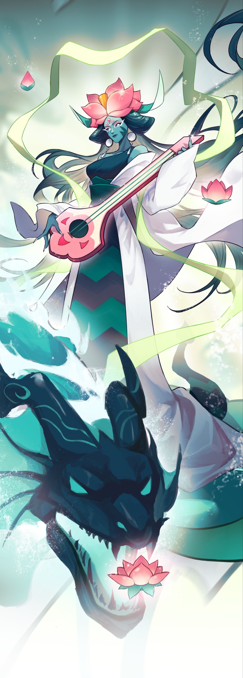 1girl, absurdly_long_hair, absurdres, aqua_skin, black_sclera, black_skirt, blurry, blurry_background, breasts, closed_mouth, coat, colored_inner_hair, colored_sclera, colored_skin, cookie_run, cookie_run:_ovenbreak, diffraction_spikes, dragon, earrings, eyeshadow, feet_out_of_frame, fingernails, floating_clothes, floating_hair, flower, flower_as_hat, forehead_jewel, genderswap, genderswap_(otf), gradient_background, green_horns, green_sash, green_shawl, green_skirt, hagoromo, hairstyle_request, high-waist_skirt, highres, holding, holding_instrument, horns, humanization, instrument, jewelry, lipstick, long_hair, long_skirt, lotus, lotus_dragon_cookie, makeup, marking_on_cheek, medium_breasts, monster_girl, multicolored_hair, nail_polish, off_shoulder, outline, pink_eyeshadow, pink_flower, plant_girl, projected_inset, sakiko_(kanosakiko), sash, see-through_clothes, see-through_shawl, sharp_fingernails, shawl, single_strap, skirt, skirt_set, striped_clothes, striped_skirt, very_long_hair, white_coat, white_eyes, white_nails, wolf_cut, zig-zag_pattern