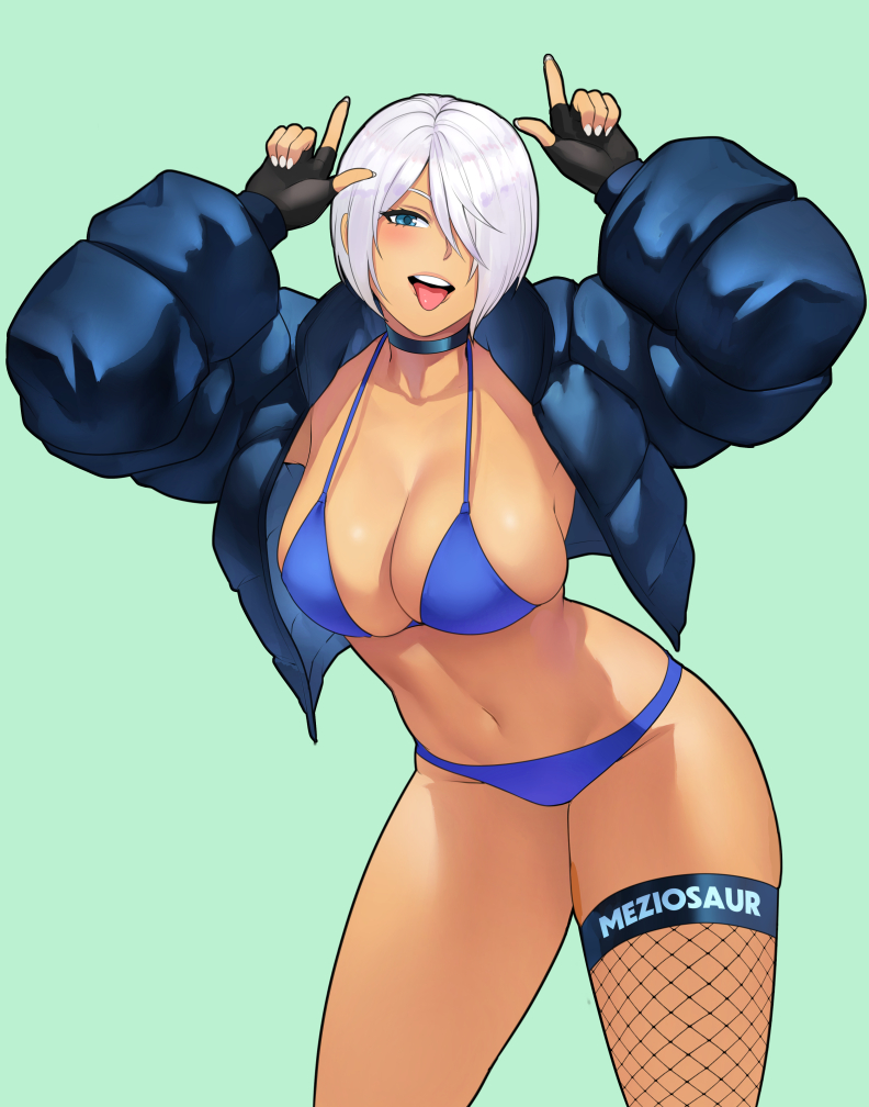 1girl, alternate_costume, angel_(kof), artist_name, bikini, black_coat, blue_bikini, blue_eyes