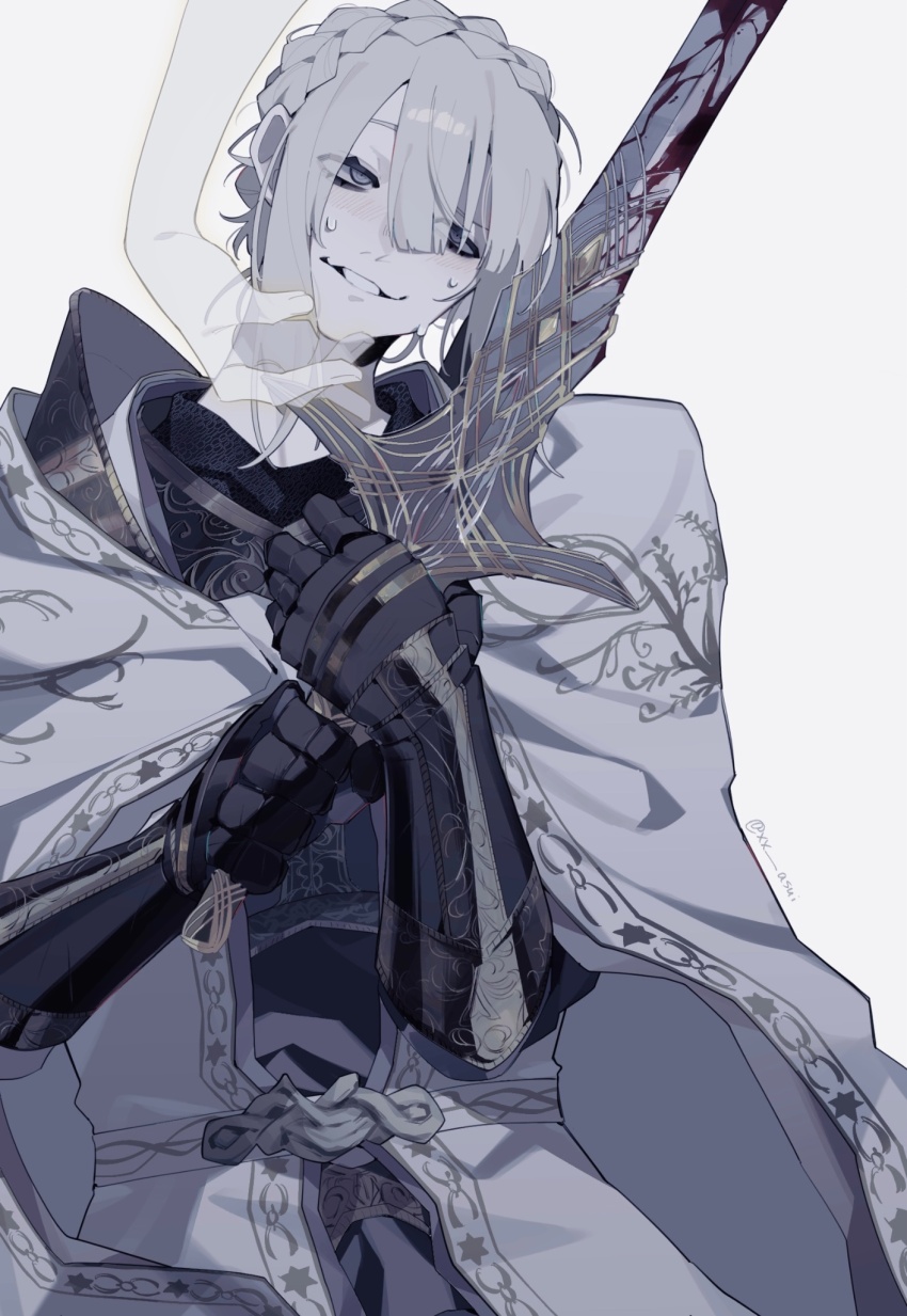 1girl, armor_under_clothes, braid, cloak, crazy_eyes, crazy_smile, crown_braid, elden_ring, elden_ring:_shadow_of_the_erdtree, gauntlets, grin, hair_between_eyes, head_tilt, highres, holding, holding_sword, holding_weapon, knight, needle_knight_leda, smile, solo, sword, weapon, white_background, white_cloak, xx_asui