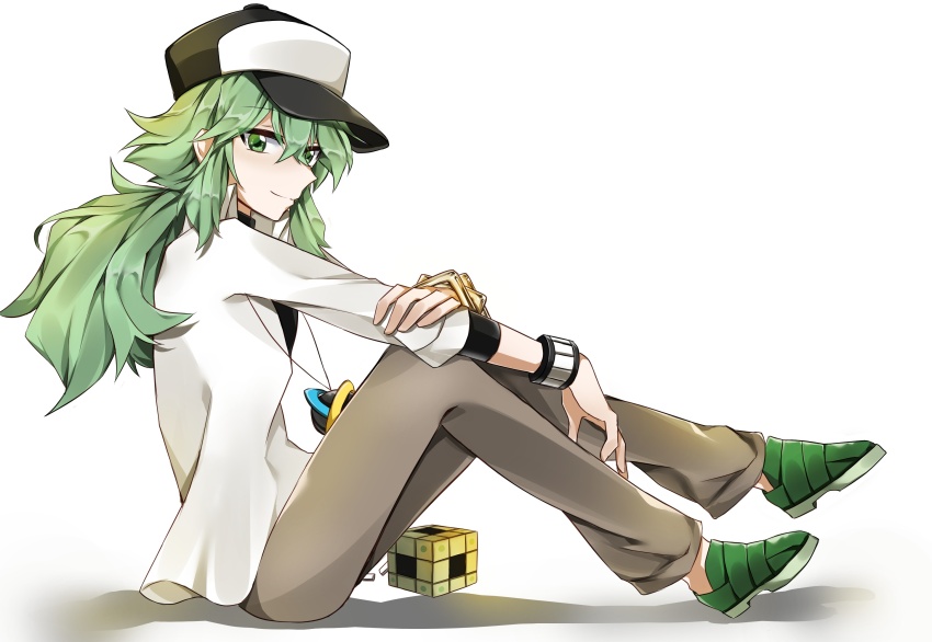 1boy, baseball_cap, brown_pants, cloudsmoothie, full_body, green_eyes, green_footwear, green_hair