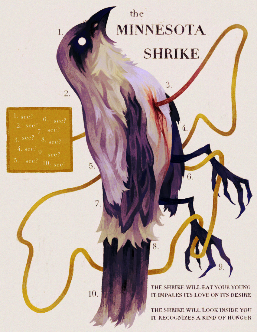 animal, animal_focus, animal_name, bird, black_feathers, blank_eyes, blood, blood_on_chest, border, claws, dead_animal, diagram, english_text, facial_mark, feathers, film_grain, footnote, grey_background, grey_bird, grey_feathers, hannibal_(tv_series), highres, impaled, injury, no_humans, quezify, rectangle, ribbon, shrike_(animal), simple_background, symbolism, text_focus, white_eyes, yellow_background, yellow_ribbon